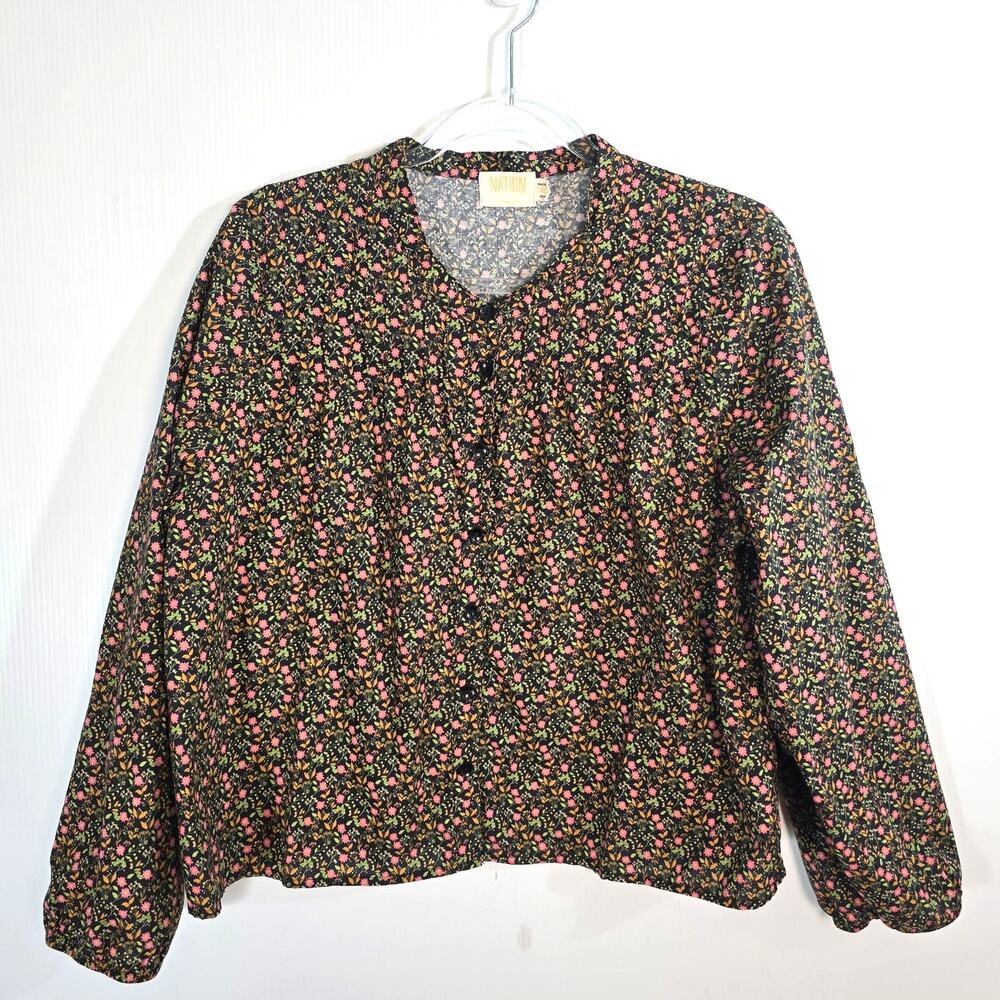 Nation LTD Paisley Pintuck Dark Floral Cropped Button Front Cotton Top XL